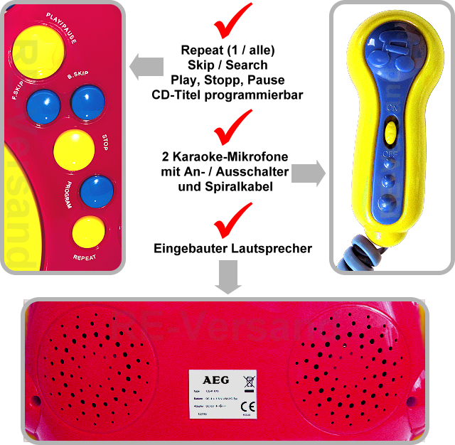 AEG CDK 4229 Kinder Karaoke CDPlayer mit 2 Mikrofonen und Lautsprecher